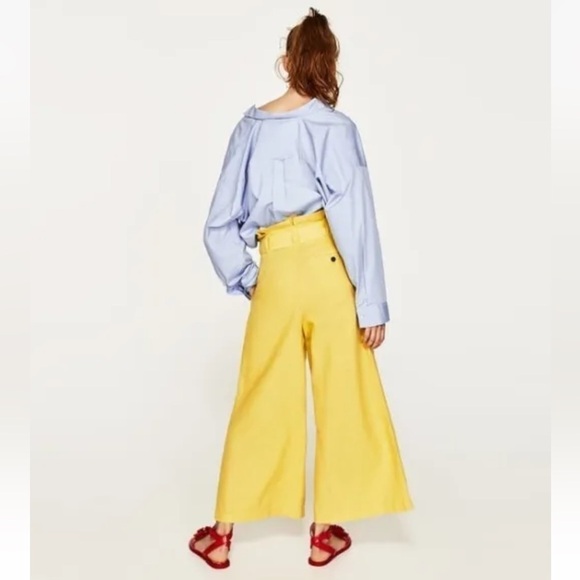 Zara Yellow Linen Wide Leg Paper Bag Cropped Palazzo Pants sz XS - Picture 5 of 16